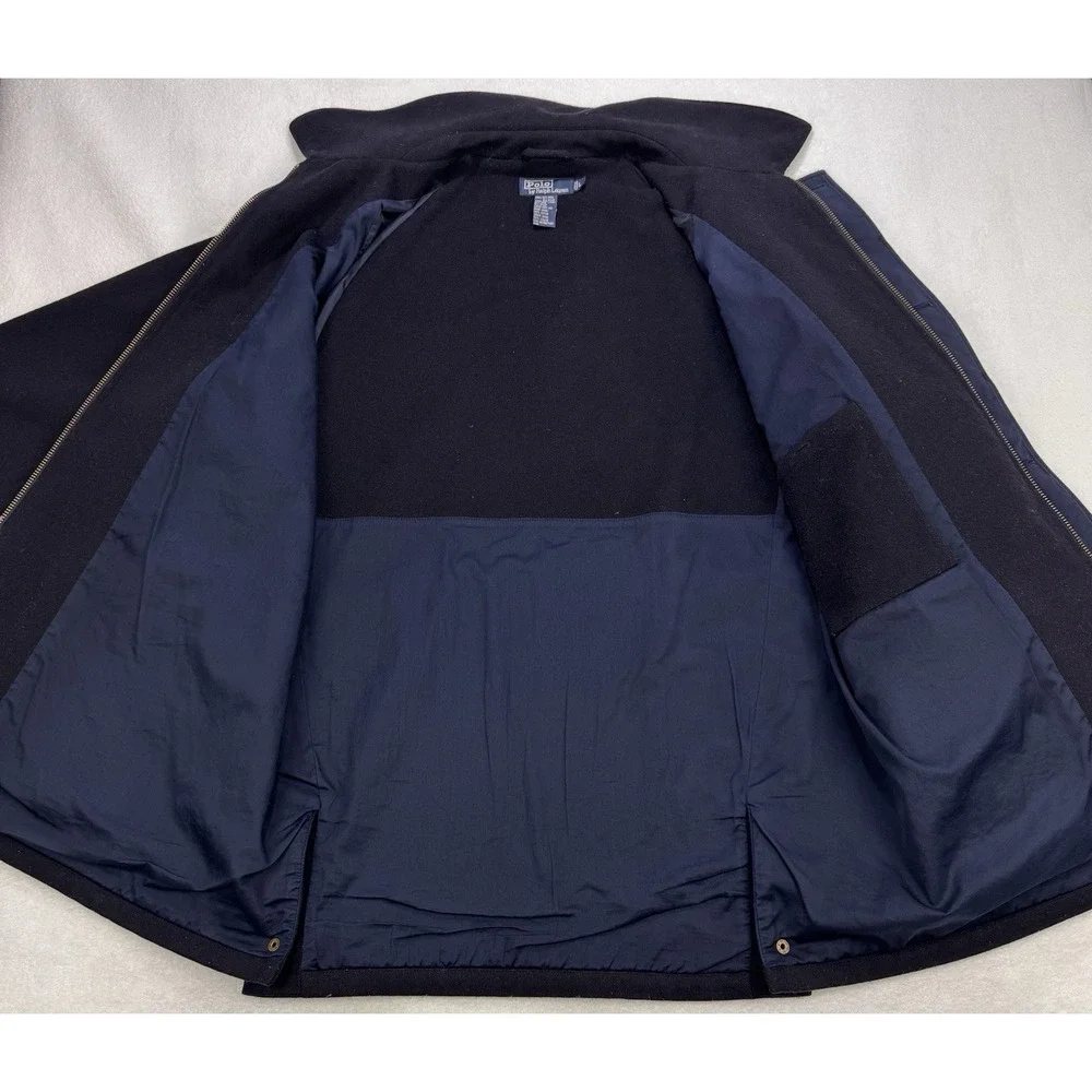 VTG Polo Ralph Lauren Wool Coat Men‎ L Black Pea Coat Full Zip Lined Snap Vent